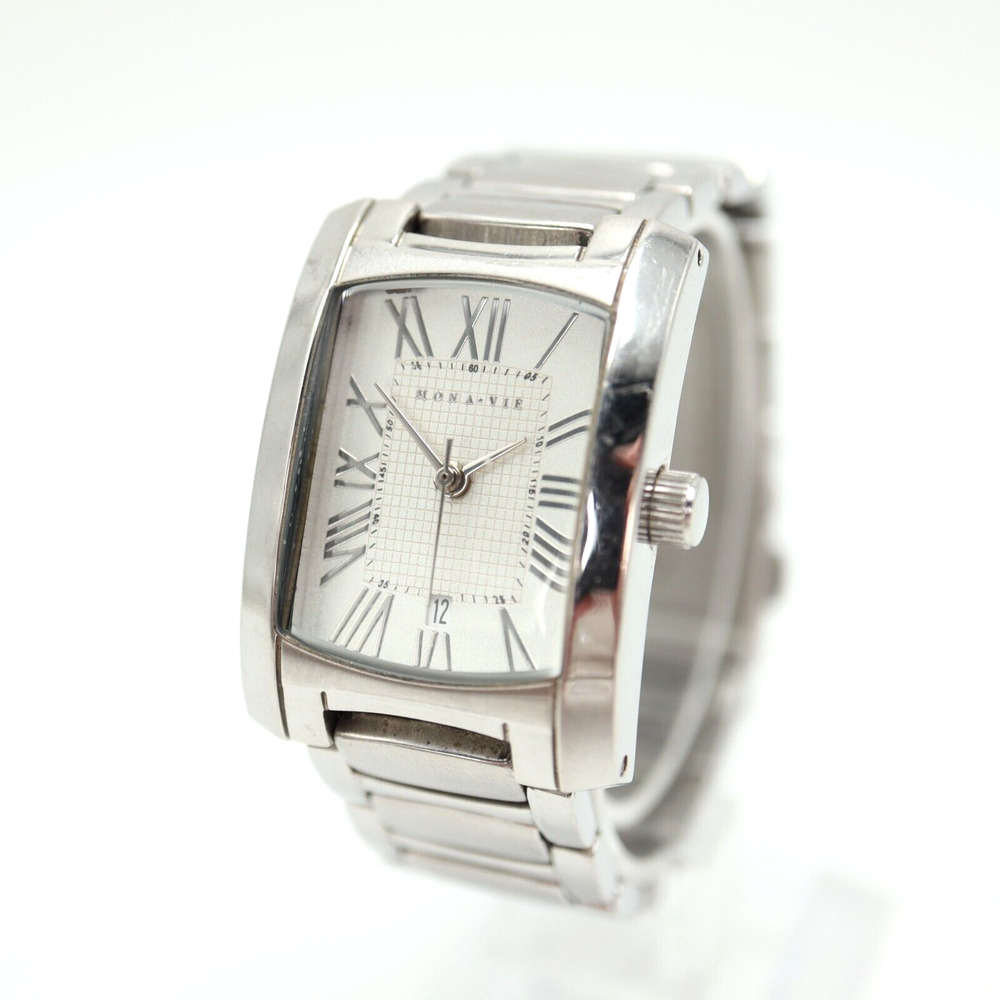 Mona Vie Womens Silver Tone Tank Watch 25mm Stainless Steel 5.5" Bracelet